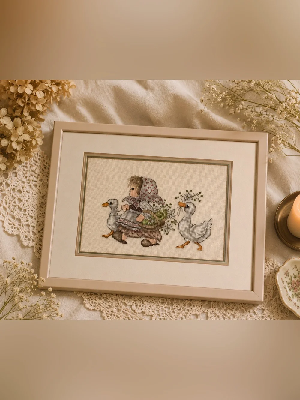Vintage Cottagecore Goose Cross Stitch Framed Wall Art Grandmillenial Prairie